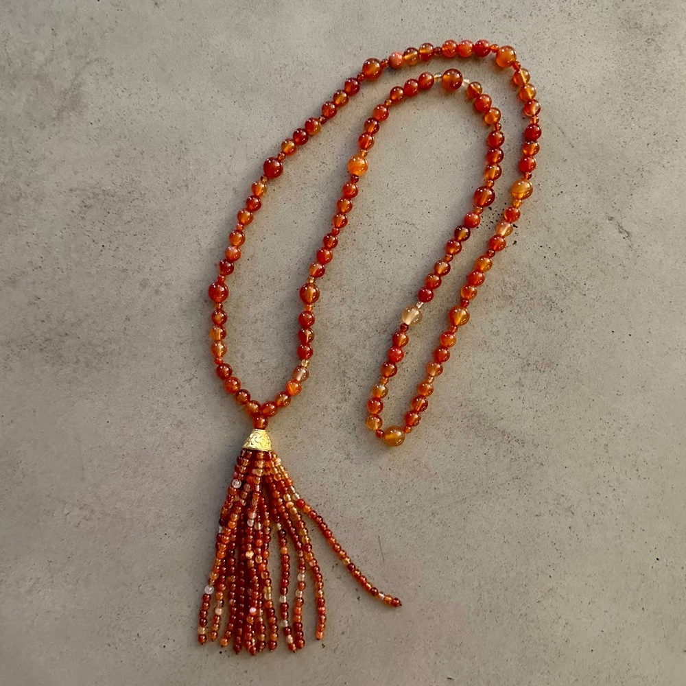 Agate Beaded Long Necklace with Agate Tassel Strands, Orange/Red